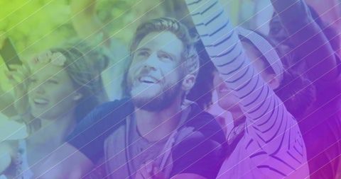 Diverse Crowd Celebrating with Rainbow Overlay