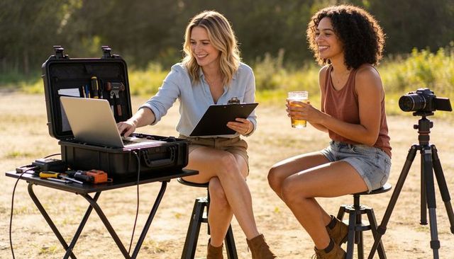 Two women collaborating on outdoor content shoot with laptop and dslr in sunlit field