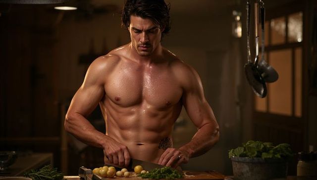 Shirtless muscular man chopping pearl onions and herbs on wooden counter in rustic kitchen