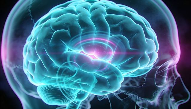 Glowing Neon Brain Revealing Translucent Skull and Neural Pathways, Futuristic Visualization
