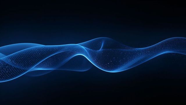 Flowing blue digital waveform with particle mesh and neon glow for technology background