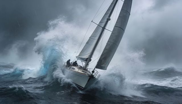 Yacht battling giant wave in offshore storm under full sail, crew bracing on deck