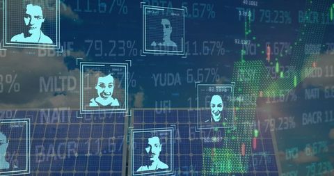 Facial recognition with technology icons and data display