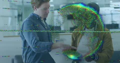 Colleagues Collaborating with Digital Overlay Effects in Modern Office