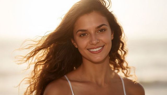 Smiling woman with backlit curly hair on sunlit beach at golden hour wearing swimsuit