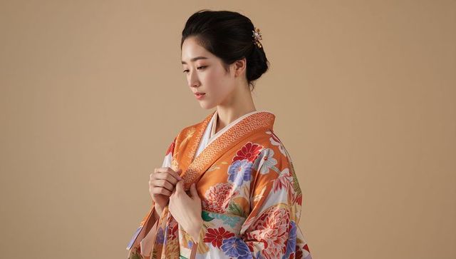 Elegant kimono portrait: woman adjusting ornate floral collar with green obi