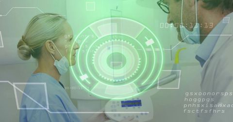 Clinicians analyzing metrics with futuristic holographic display
