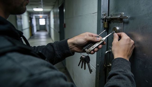 Hooded man picking cylindrical lock in dim industrial corridor holding key organizer