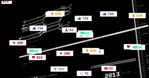 Floating notification badges moving across neon data visualization with diagonal timeline