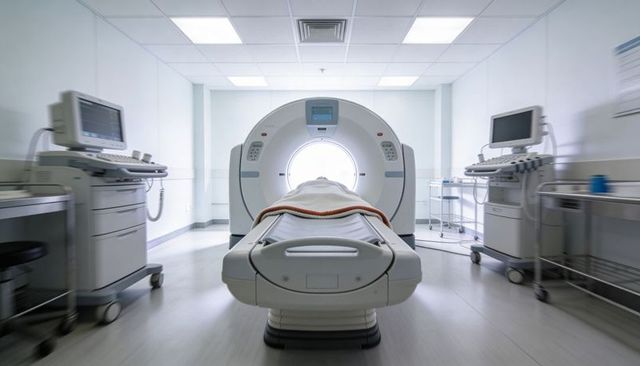 Patient undergoing ct scan on transfer table in modern radiology suite with monitoring