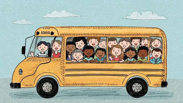 Cheerful children waving on yellow school bus illustration