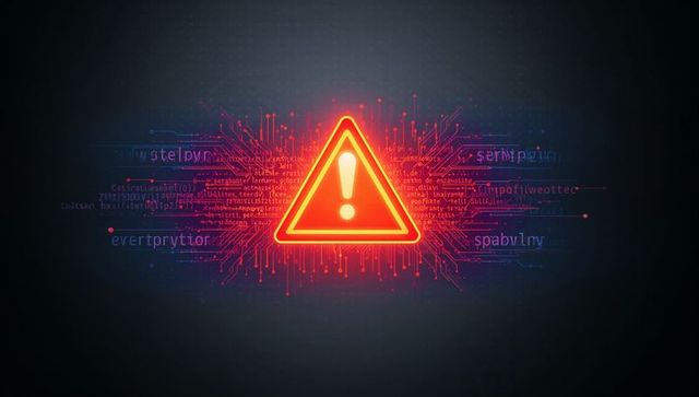 Neon Cyber Warning Triangle Radiating Circuitry and Code, Pulsing Security Alert Concept