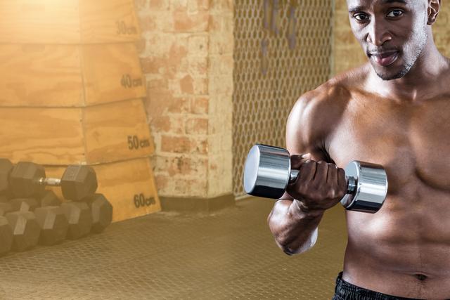 Digital composite of Portrait of confident man listing dumbbells in gym