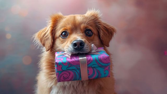 Fluffy dog presenting gift with colorful swirl design