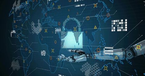 Robotic Arm Reaching for Glowing Padlock Over World Map Cybersecurity Encryption