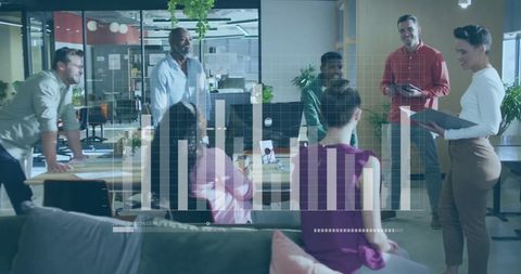 Business Team Analyzing Project with Financial Data Graphics Overlay