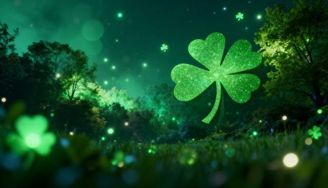Glittering Four-Leaf Clover Floating Over Emerald Forest Clearing with Magical Glow