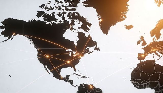 Connecting north america hubs with transatlantic network routes and glowing nodes