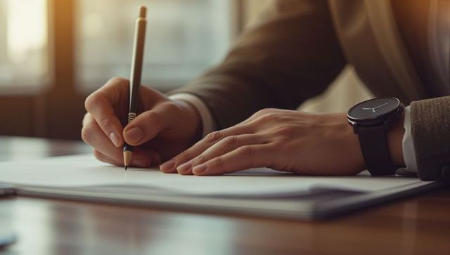 Close-up hands writing on wood desk with sunlight