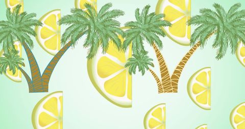 Creative lemon halves and palm trees on green background