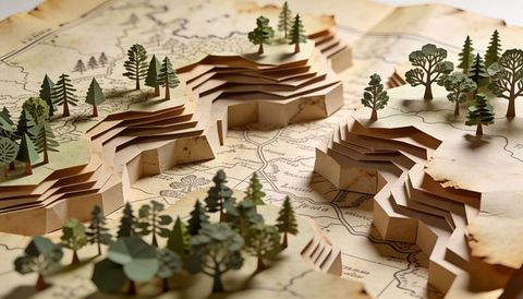 Layered paper topography diorama featuring miniature trees and singed antique map