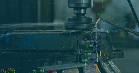 Vertical milling cutter machining workpiece on t-slot table with coolant and data overlay