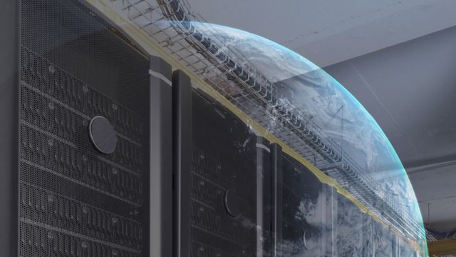 Combination of a server room interior and an animated planet Earth. Suggests interconnectedness and global data networking, excellent for illustrating concepts in cloud computing, business technology, global communication, and digital infrastructure.