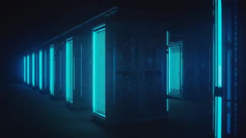 AI Server Room with Pulsating Blue LED Panels Reflecting Futuristic Industry