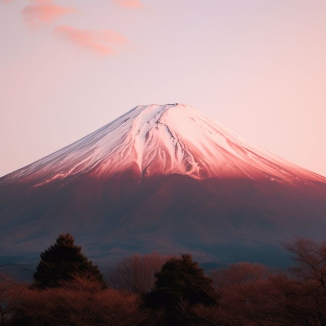 Mount Fuji with snow-capped peak viewed at sunrise. Natural colors create a serene and majestic landscape. Ideal for travel websites, nature blogs, postcards, inspirational posters, backgrounds, and calendars.