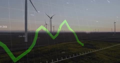 Financial Graphs Overlaid on Wind Turbines at Sunset for Renewable Energy Analysis