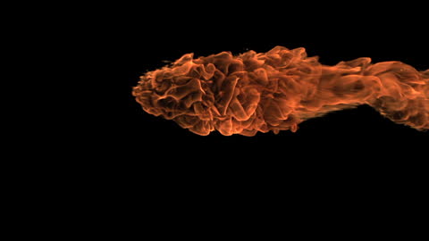 Dramatic depiction of fiery cloud captured in unique motion against solid black backdrop showcases dynamics of blazing flames. Useful for illustrating heat energy concepts in educational materials or enhancing visual flair in themes of danger and power throughout digital and print designs.