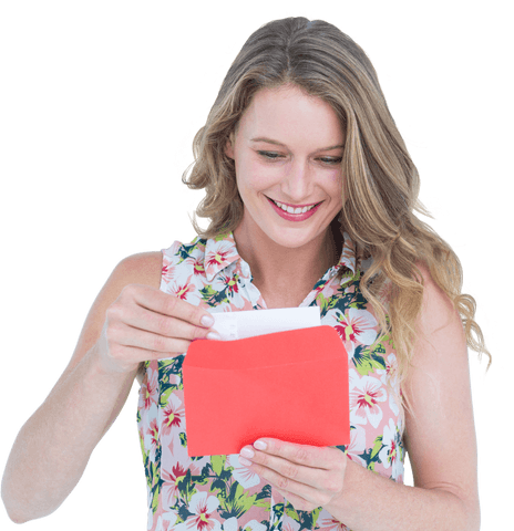 Smiling Woman Holding Letter in Red Envelope on Transparent Background