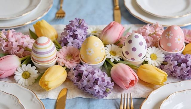 Pastel easter table centerpiece arranging decorated eggs among tulips and hyacinths