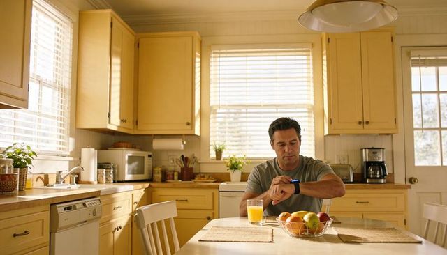 Middle-aged man checking smartwatch while having breakfast in sunlit cozy country kitchen