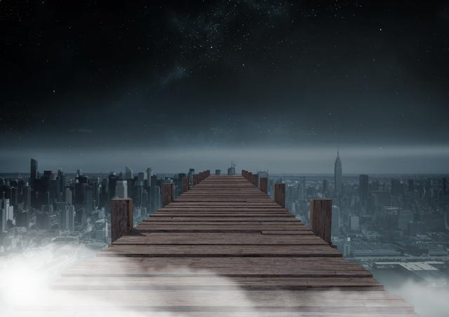 Wooden walkway extending into a cityscape at night with stars in the sky and fog below. Ideal for use in fantasy, futuristic, or surreal themed projects. Perfect for illustrating concepts of journey, mystery, or urban exploration.