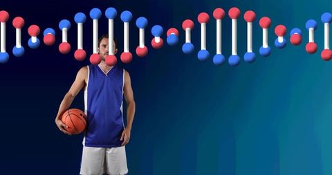 Basketball player and dna strand fusion symbolizing sports genetics