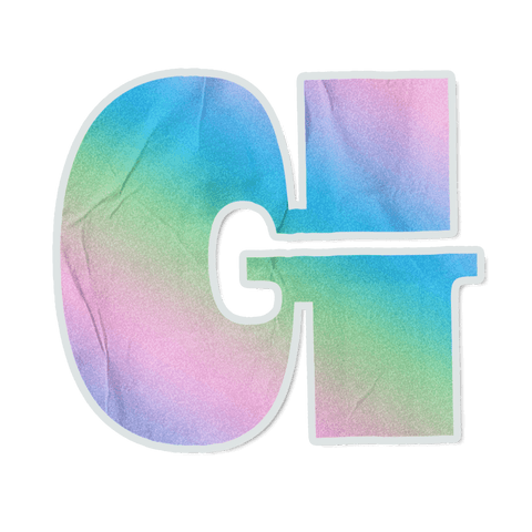 Transparent pastel die-cut letters g t sticker showing paper-grain texture and subtle crease