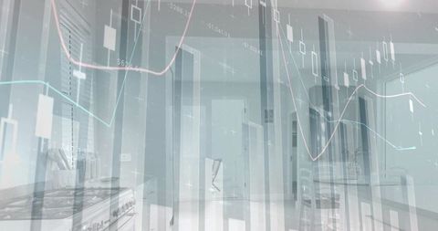 Minimalist kitchen and hallway merging with translucent candlestick charts for finance