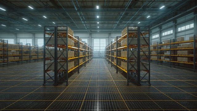 Warehouse interior with storage racks and gridded flooring