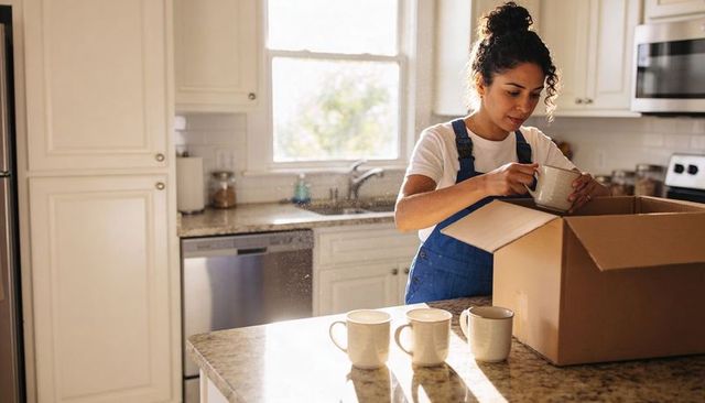 Woman packing ceramic mugs into moving box in sunlit modern kitchen