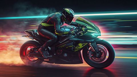 Futuristic motorcyclist racing on neon-lit track