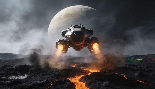 Dropship hovering over volcanic lava river with twin sphere engines and thrusters
