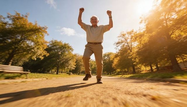Energetic senior man leaping with raised fists on sunny autumn park path celebrating life