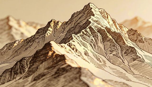 Hand-engraved mountain peak rising from ridgelines with gold leaf highlights at sunrise