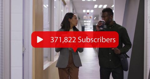 Colleagues Discussing in Office with Subscribers Overlay Graphic