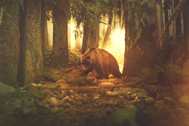 Grizzly bear wandering through a dense forest during sunset, creating an enchanting and serene scene. Suitable for nature-themed projects, wildlife documentaries, environmental campaigns, and educational materials.