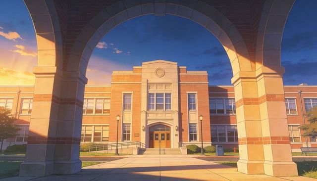 Framing stone archway and glowing brick campus facade at golden hour, symmetrical entrance