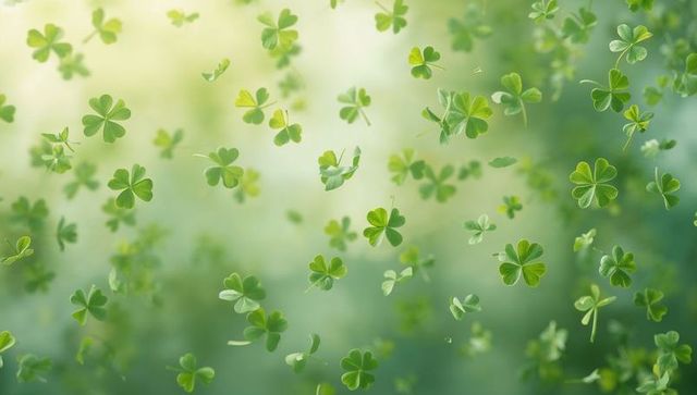 Floating shamrock leaves drifting through sunlit green bokeh for spring St Patrick design