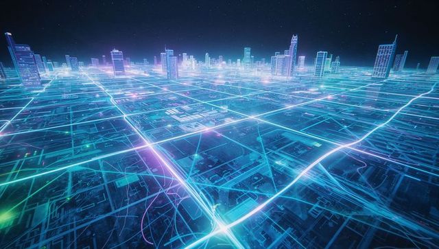 Futuristic Cyberpunk Cityscape with Neon Gridlines