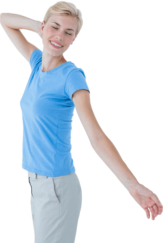 Happy blond woman stretching with closed eyes transparent background